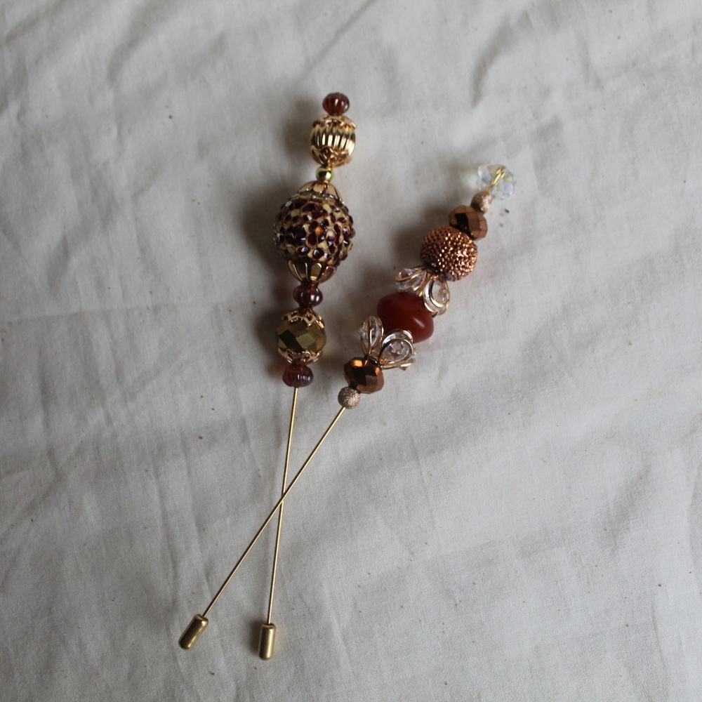 Set 2 Brown Glass Bead Hat Pin